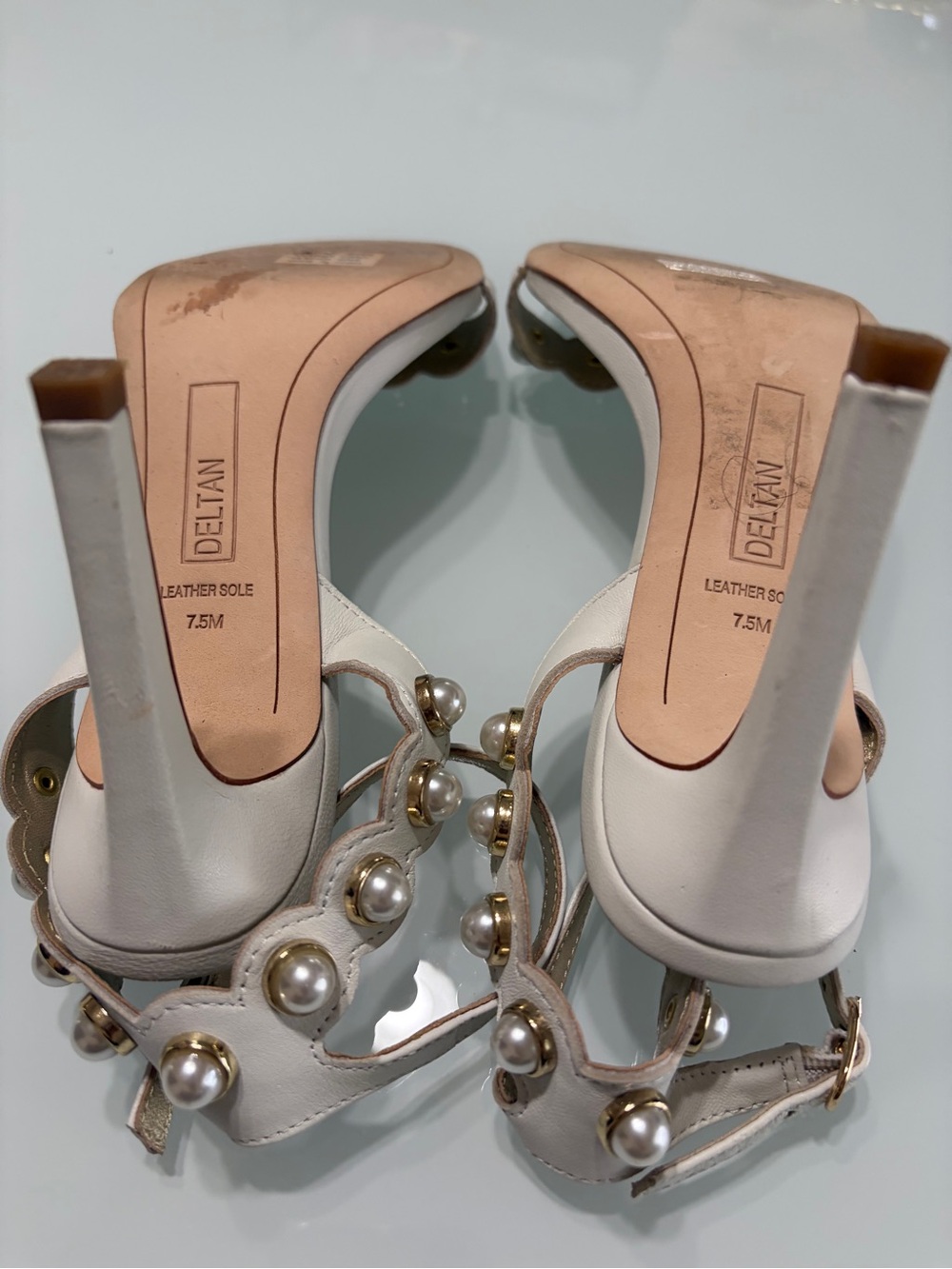 DeltanPearl-Trim Ankle Strap Heels in Cream - Picture 6 of 8